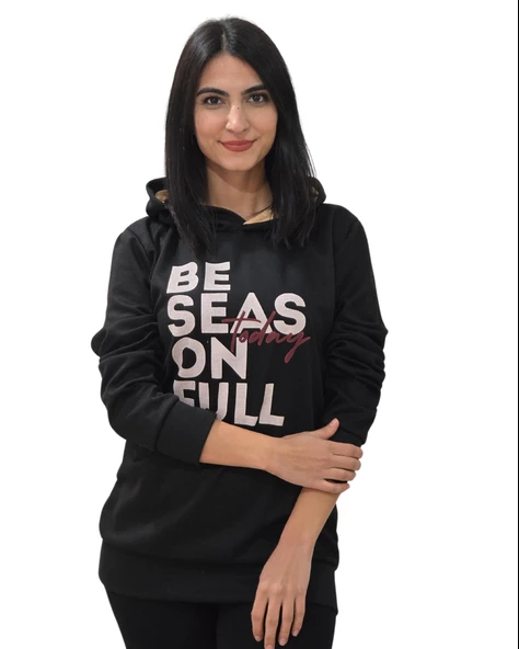 Be Season Full Baskılı Kapüşonlu Swaetshirt (Siyah)