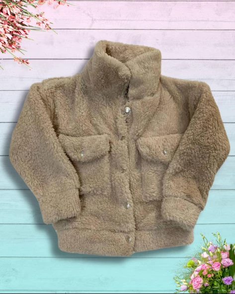 Düğmeli Dik Yaka Peluş Polar Baskılı Kız Çocuk Mont (Taba) - 2