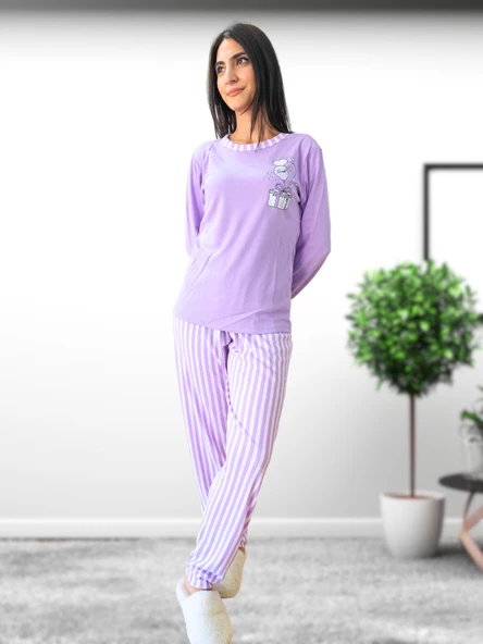 Sweet Kalp Desenli Pamuk Kadın Pijama Takımı (Eflatun) - 2