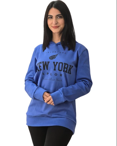 New York Baskılı Kapüşonlu Swaetshirt (Mavi)