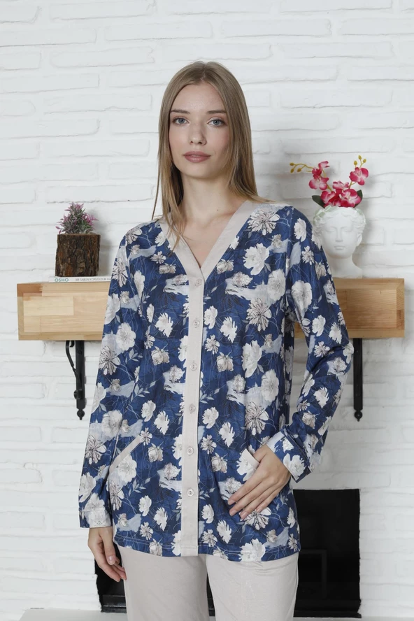 Limissi Viskon Desenli Lacivert Pijama Takımı %100 Pamuk - 4