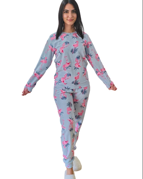 Flamingo Desenli Kadın Polar Peluş Pijama Takımı (Yeşil) ürün görseli