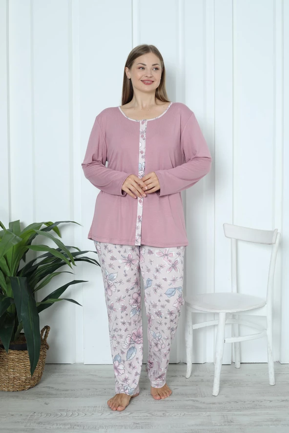 Limissi Viskon Büyük Beden Desenli Melisa Pudra Pijama Takımı %100 Pamuk - 6