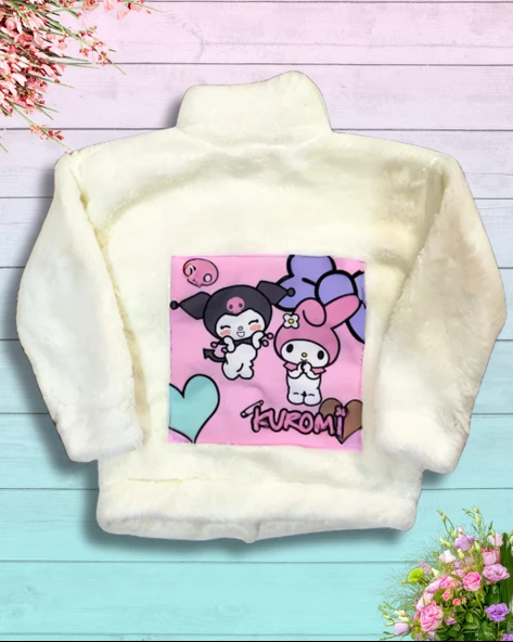 Düğmeli Dik Yaka Peluş Polar Baskılı Kız Çocuk Mont (Beyaz) - 3