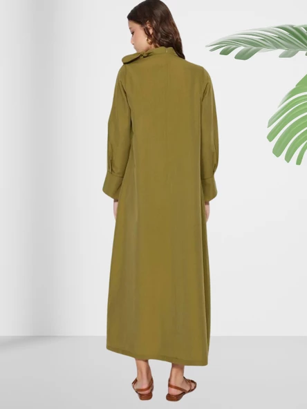 Dökümlü Şal Yaka Uzun Yeşil Elbise - 5