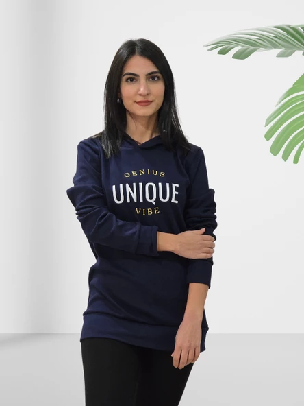 Unique Baskılı Kapüşonlu Swaetshirt (Lacivert) - Resim 2