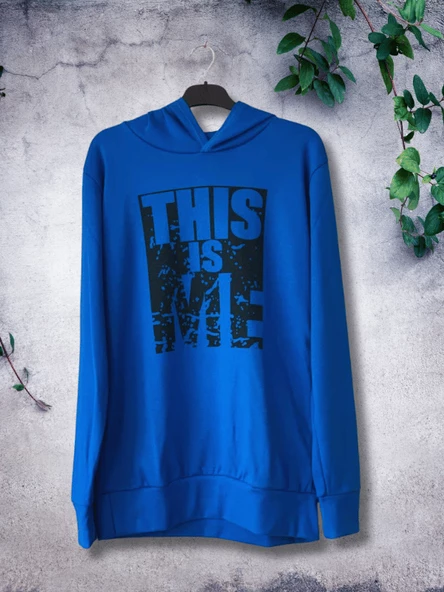 Baskılı Kapüşonlu Swaetshirt (Mavi) - Resim 5