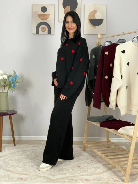 Kadın Uzun Kol Kalpli Bisiklet Yaka Triko Kazak Pantolon Takım (Siyah) - Resim 4