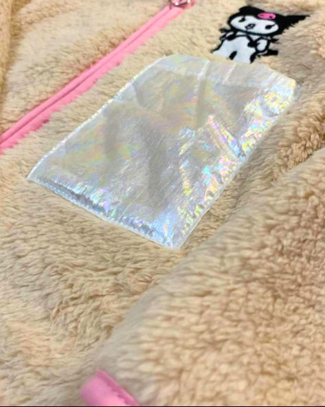 Fermuarlı Kapüşonlu Peluş Polar Baskılı Kız Bebek Mont (S.Kahve) - 4