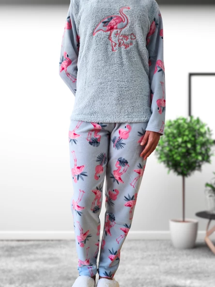 Happy Days Flamingo Desenli Kadın Polar Peluş Pijama Takımı (Yeşil) - Resim 5