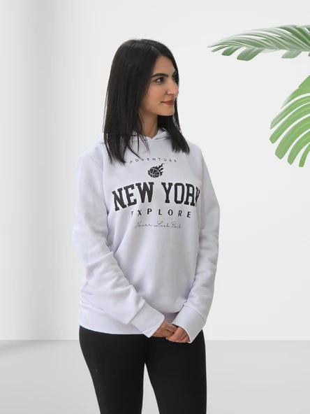 New York Baskılı Kapüşonlu Swaetshirt (Beyaz) - Resim 3