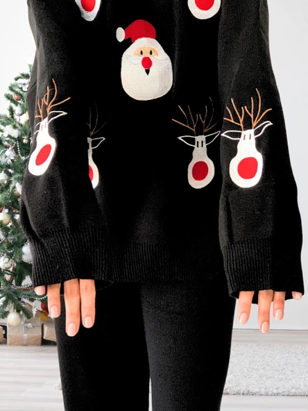 Kadın Uzun Kol Yeni Yıl Nakışlı Bisiklet Yaka Triko Kazak Pantolon Takım (Siyah) - Resim 4