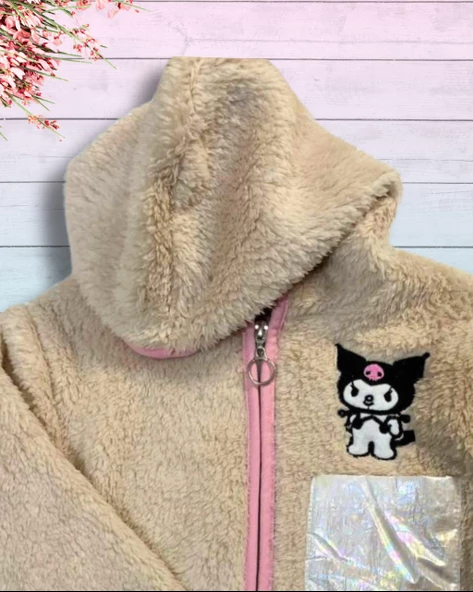 Fermuarlı Kapüşonlu Peluş Polar Baskılı Kız Çocuk Mont (S.Kahve) - 2