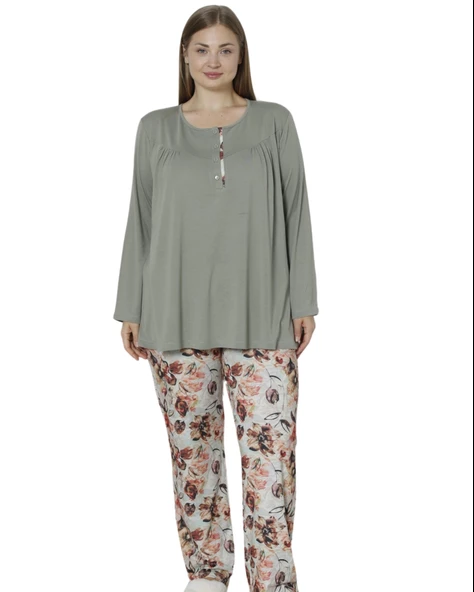 Limissi Viskon Büyük Beden Desenli Yeşil Pijama Takımı %100 Pamuk