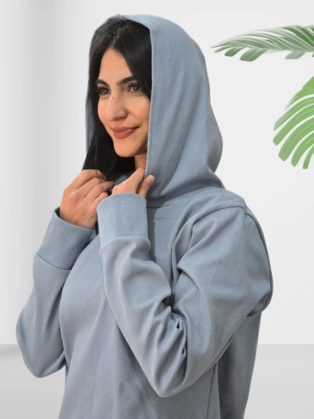 Düz Kapüşonlu Swaetshirt (Gri) - Resim 4