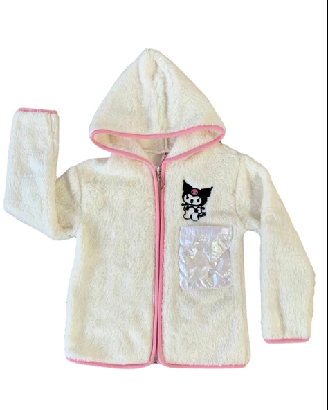 Fermuarlı Kapüşonlu Peluş Polar Baskılı Kız Çocuk Mont (Beyaz)