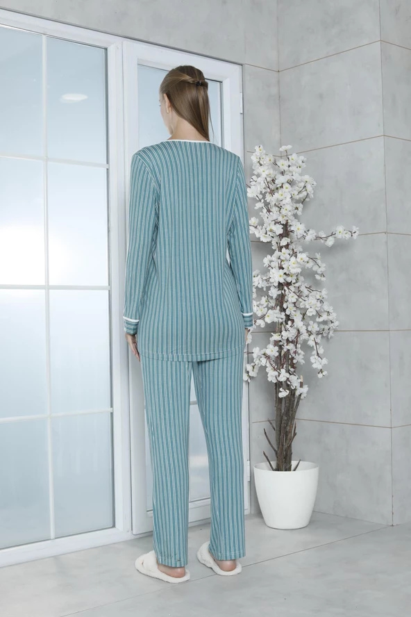 Limissi Viskon Çizgili Yeşil Pijama Takımı %100 Pamuk - Resim 5