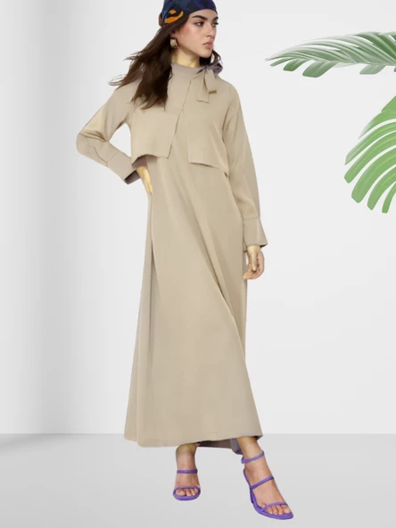 Dökümlü Şal Yaka Uzun Krem Elbise - Resim 4