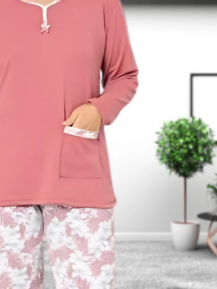 Büyük Beden Desenli Pamuk Kadın Pijama Takımı (Pudra) - Resim 5