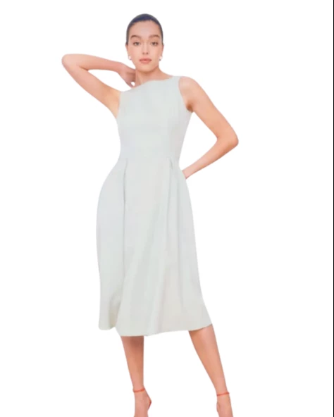 Kayık Yaka Diz Altı Düz Beyaz Elbise ürün görseli