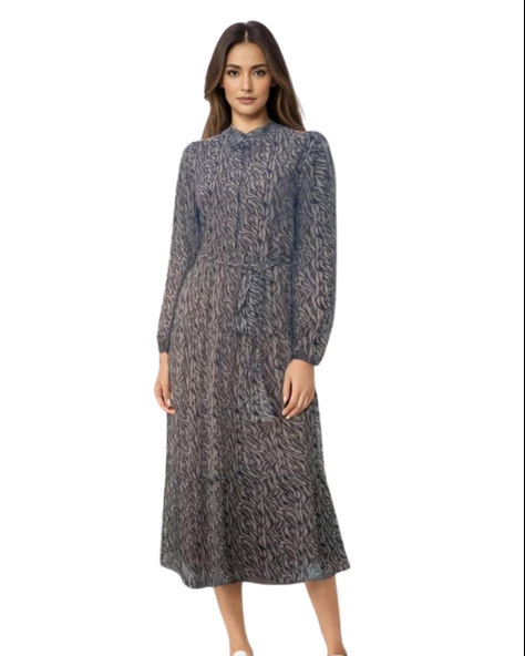 Şifon Astarlı Leopar Desenli Uzun Elbise ürün görseli