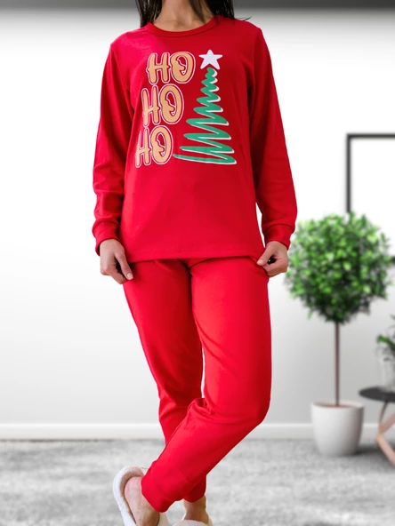 Baskılı Pamuk Kadın Yeni Yıl Pijama Takımı (Ho Ho Ho)) - Resim 3