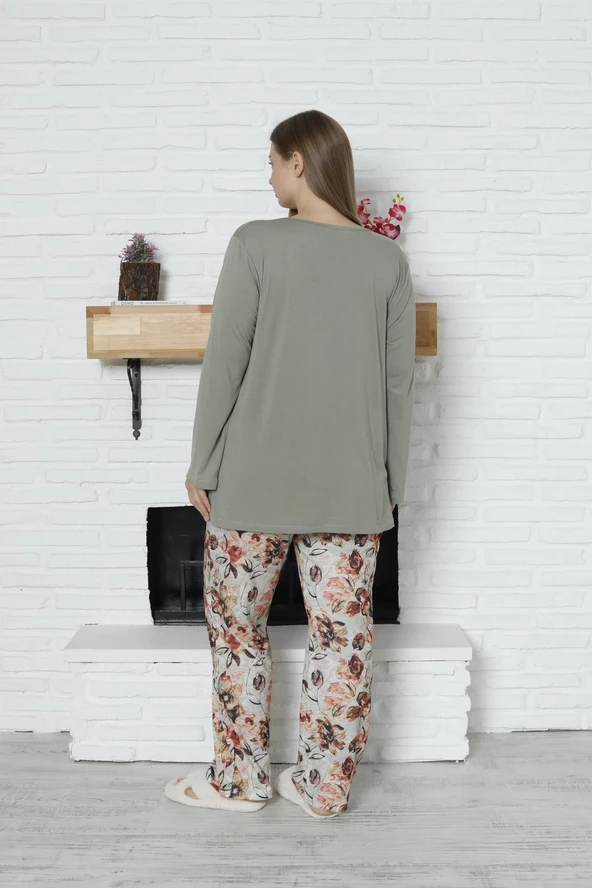 Limissi Viskon Büyük Beden Desenli Yeşil Pijama Takımı %100 Pamuk - 4