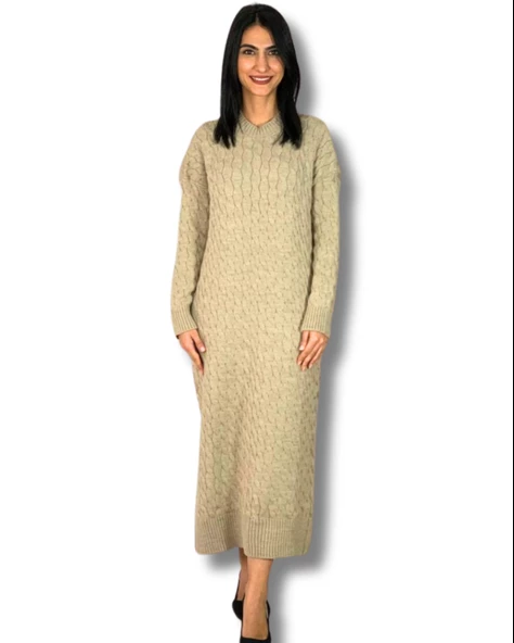 Bsiklet Yaka Saç Örgülü Triko Midi Elbise (Taş) ürün görseli