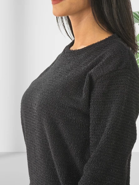 Kırçıllı Triko Düz Swaetshirt (Siyah) - Resim 5