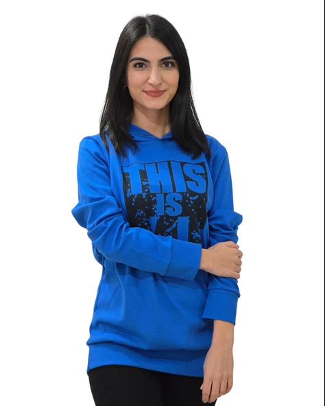 Baskılı Kapüşonlu Swaetshirt (Mavi)