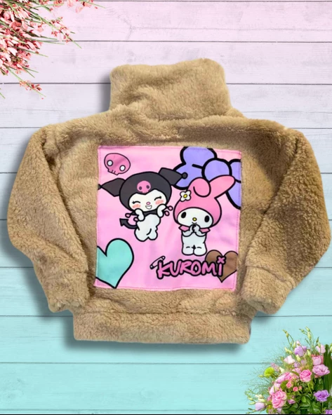 Düğmeli Dik Yaka Peluş Polar Baskılı Kız Çocuk Mont (Taba) - 3
