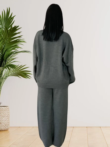 Kadın Uzun Kol Teddy Bear Bisiklet Yaka Triko Kazak Pantolon Takım (Gri) - Resim 5