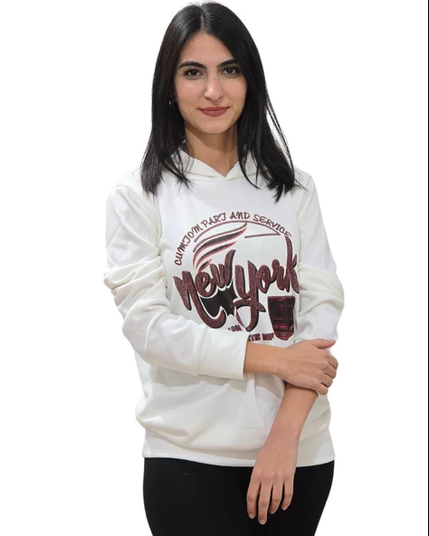 New York Kapüşonlu Swaetshirt (Beyaz-Kırmızı)
