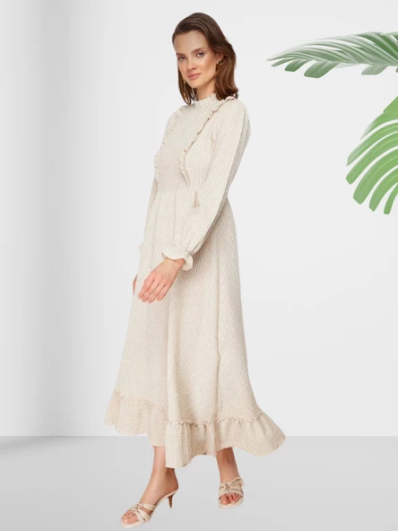 Volanlı Kareli Esnek Uzun Elbise - Resim 2