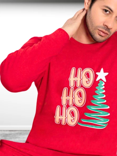 Baskılı Pamuk Erkek Yeni Yıl Pijama Takımı (Ho ho ho) - Resim 5