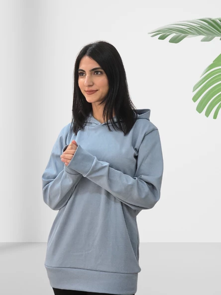 Düz Kapüşonlu Swaetshirt (Gri) - Resim 6