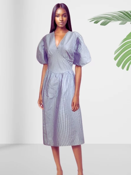 Çizgili V Yaka Balon Kol Fermuarlı Kloş Elbise - Resim 3