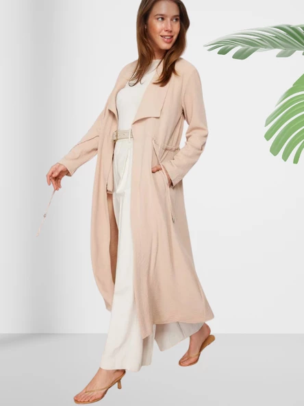 Düz Esnek Keten Karışım Kimono - Resim 2