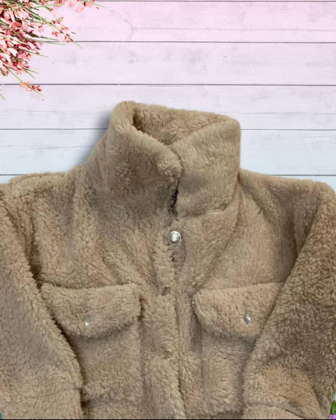 Düğmeli Dik Yaka Peluş Polar Baskılı Kız Çocuk Mont (Taba) - 4