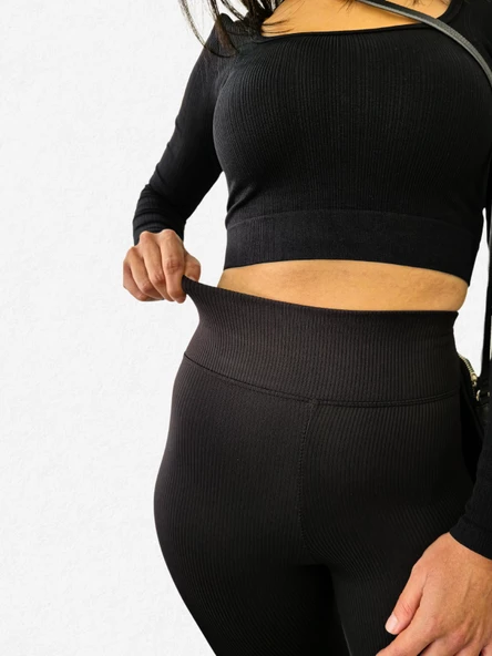 Yüksek Bel Toparlayıcı ve Sıkılaştırıcı Likralı Fitilli Şardonlu Tayt (Siyah) - 8