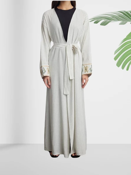 Çizgili Keten Tesettür Kimono - Resim 4