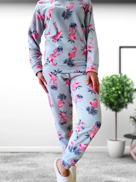 Flamingo Desenli Kadın Polar Peluş Pijama Takımı (Yeşil) - Resim 5