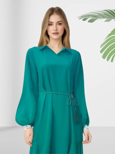 Düz Kuşaklı Yeşil Elbise - Resim 3