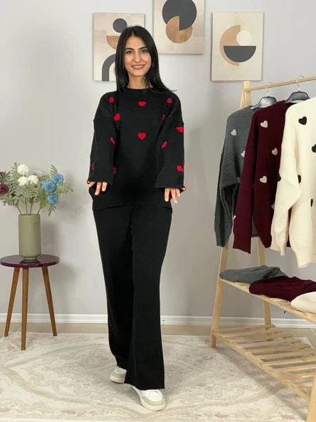 Kadın Uzun Kol Kalpli Bisiklet Yaka Triko Kazak Pantolon Takım (Siyah) - Resim 3