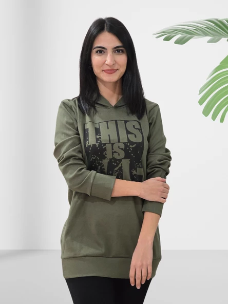 Baskılı Kapüşonlu Swaetshirt (Haki) - Resim 2