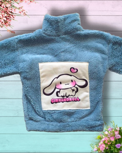 Düğmeli Dik Yaka Peluş Polar Baskılı Kız Çocuk Mont (Yeşil) - 3