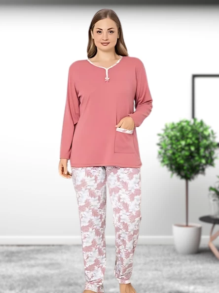 Büyük Beden Desenli Pamuk Kadın Pijama Takımı (Pudra) - Resim 2