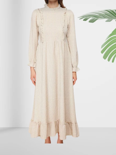 Volanlı Kareli Esnek Uzun Elbise - Resim 5