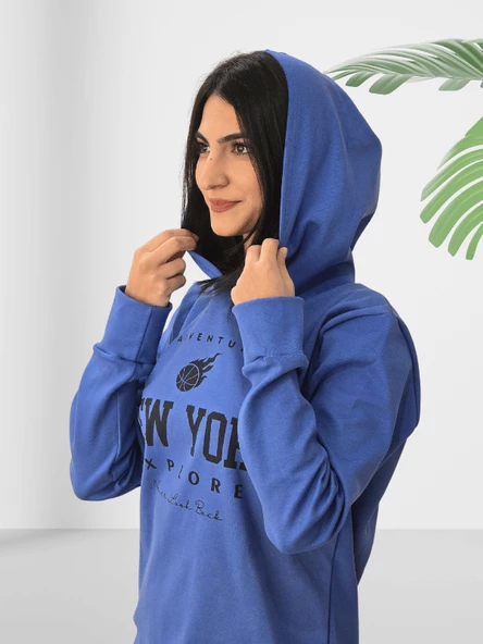 New York Baskılı Kapüşonlu Swaetshirt (Mavi) - Resim 5
