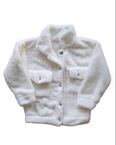 Düğmeli Dik Yaka Peluş Polar Baskılı Kız Çocuk Mont (Beyaz)